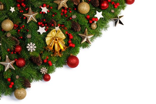 Christmas Border frame of tree branches on white background with copy space isolated, red and golden decor, berries, stars