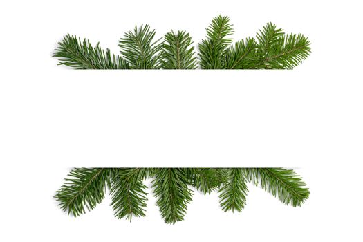 Natural fir Christmas tree border frame isolated on white , copy space for text