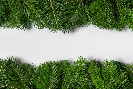 Natural fir Christmas tree border frame isolated on white , copy space for text