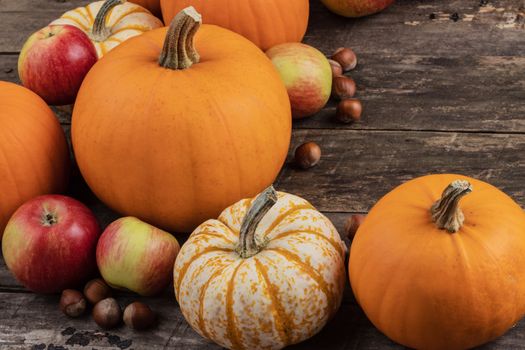 Autumn harvest still life with pumpkins , apples , hazelnuts on wooden background , top view