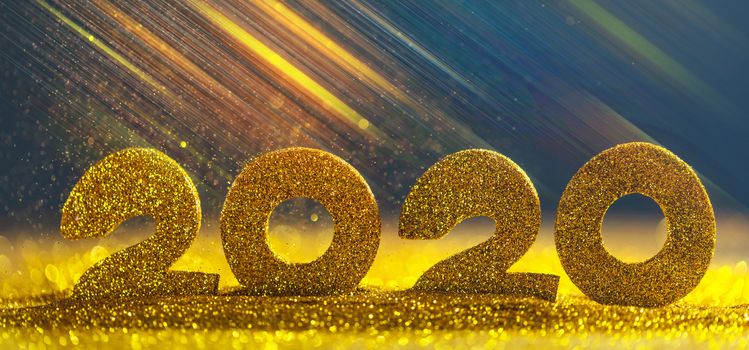 2020 New Year luxury design concept. Golden 2020 New Year horizontal template with golden glitter on blue backgound