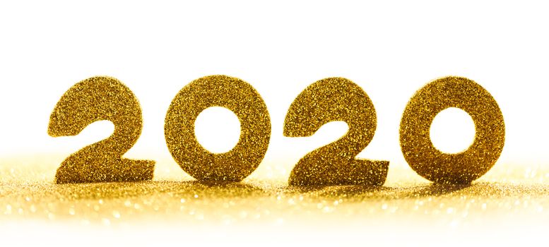 2020 New Year luxury design concept. Golden 2020 New Year horizontal template with golden glitter isolated on white backgound