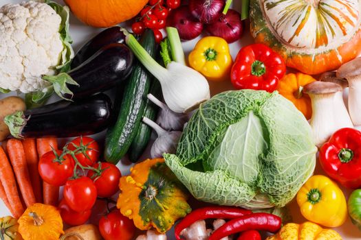 Harvest of many vegetables , top view flat lay background