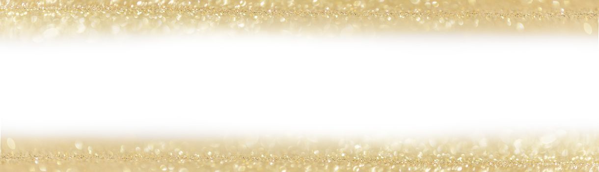 Golden festive glitter background with defocused lights , white copy space