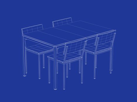 3d wire-frame model of dining table and four chairs