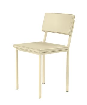 Beige colored chair made from metal and leather on white background