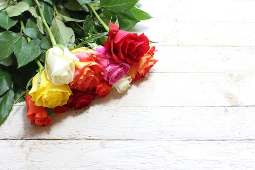 The picture shows colorful roses on white wood.