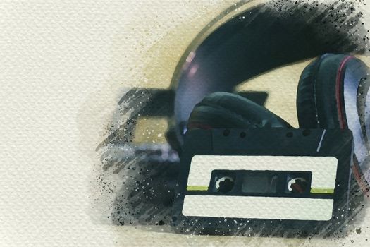 Cassette tape audio player and headphones on wooden table. Digital watercolor painting effect. Copy space for text.