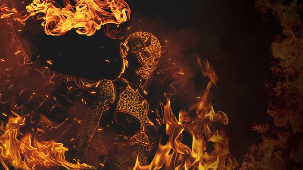 Horned female demon in flames at dark background - 3d rendering