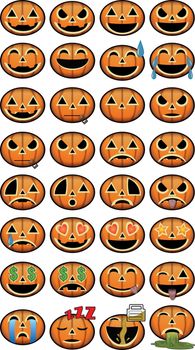 Thirty-two Halloween Emoji pumpkin jackolantern icons for social media