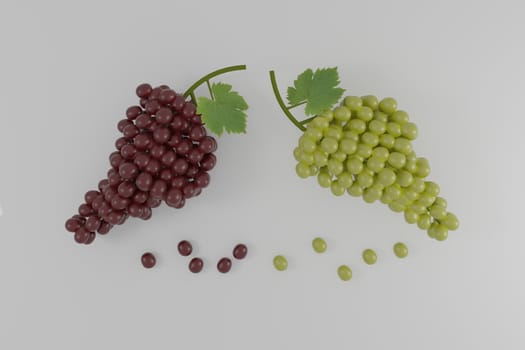 bunches of white and black grapes with leaf on a white background