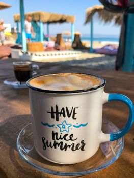 Pomorie, Bulgaria - September 12, 2019: Warm Cappuccino On The Beach.