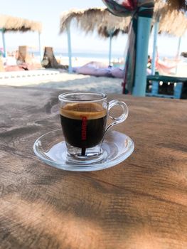 Pomorie, Bulgaria - September 12, 2019: Hot Coffee On The Beach.