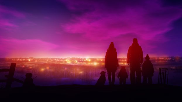 Colorful background with family silhouettes watching the beautiful winter sunset and city lights from above.