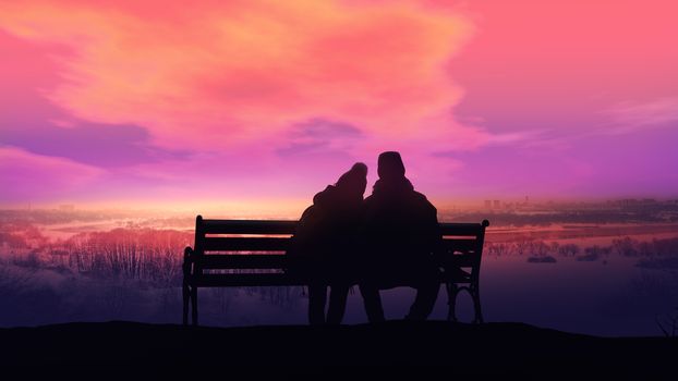 Silhouettes of a romantic couple sitting on a bench and watching the winter landscape.