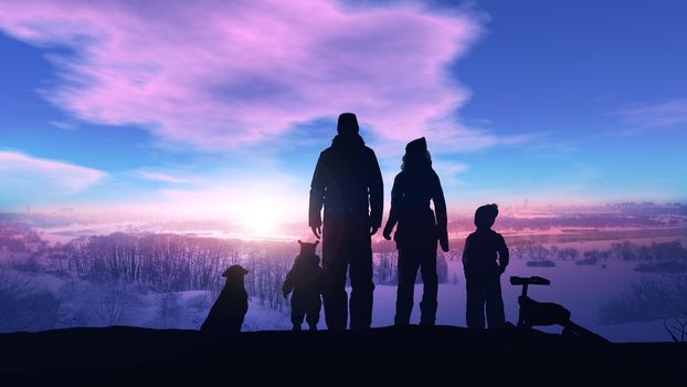 At sunset, the family's silhouettes stand on a big winter slide.