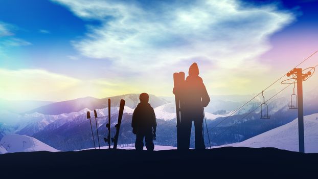 A family of skiers looking at the snowy mountains from the top.