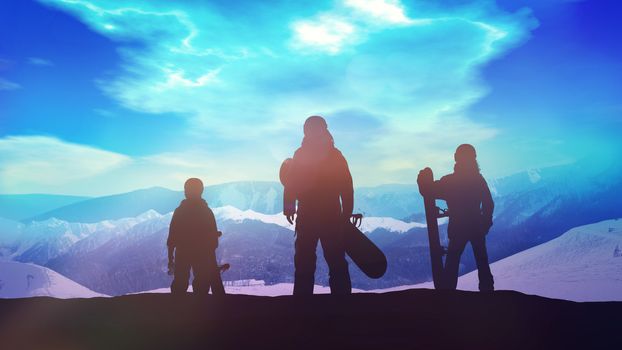 A family of snowboarders looks at the snowy mountains from the top.