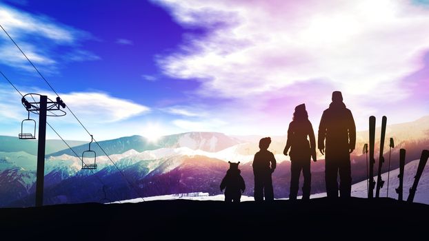 The family is standing on the ski slope opposite the setting sun.