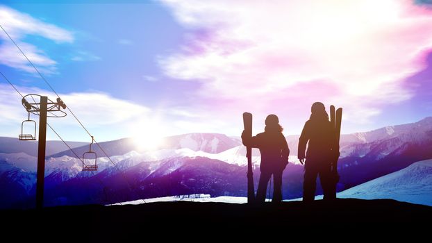 Silhouettes of skiers against the snowy peaks of the mountains.