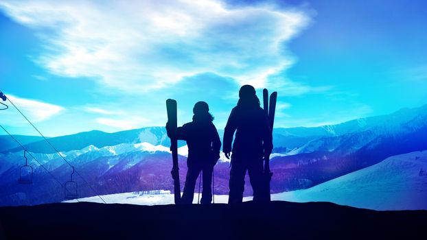 Silhouettes of skiers standing on a hillside opposite a bright blue sky.