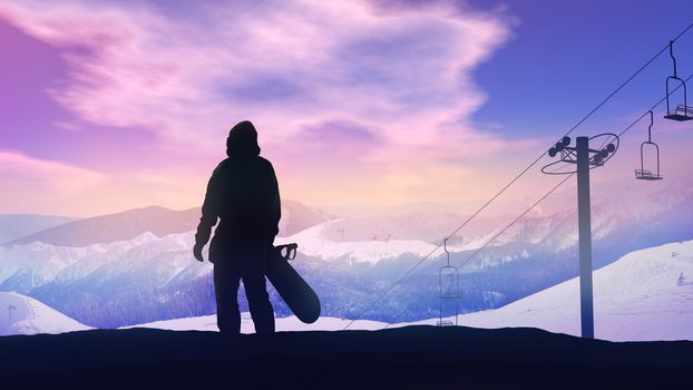 Dark silhouette of a snowboarder against the backdrop the snowy mountains.