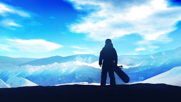 Dark silhouette of a snowboarder standing on a hillside opposite a bright blue sky.