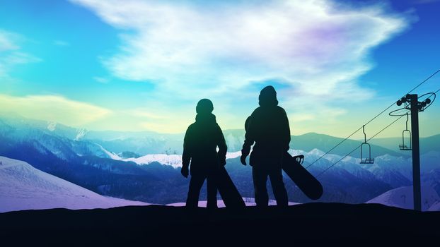Two snowboarders stand on the mountainside in the evening.