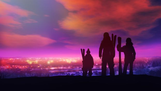 The family of three during a ski trip stopped to look at the Christmas village in the distance.