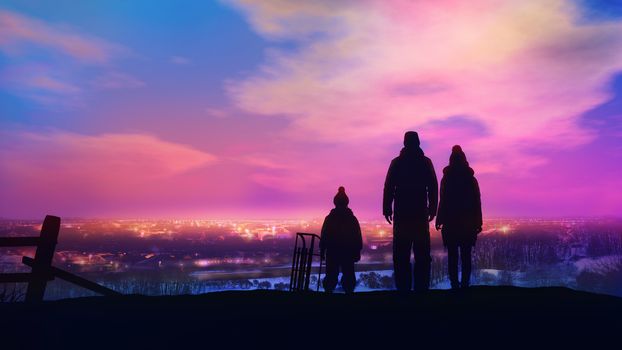 At sunset, the family looks down on a decorated Christmas village.