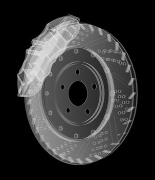 Brake disc and pads X-Ray style. Isolated on black background. 3D illustration