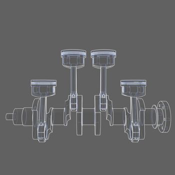 Engine pistons outline. 3D illustration. White lines and grey background