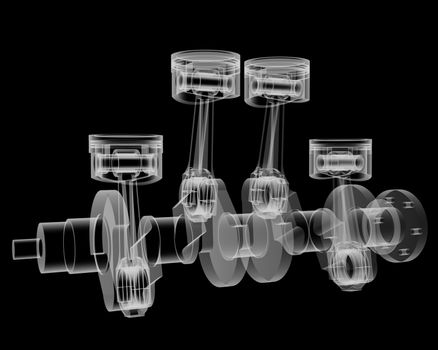 Pistons and crankshaft X-Ray style. Isolated on black background. 3D illustration