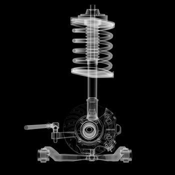 X-ray Car suspension and brake disk on black background, 3d illustration