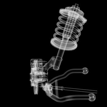 X-ray Car suspension and brake disk on black background, 3d illustration