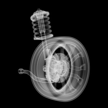 X-ray Car suspension and brake disk on black background, 3d illustration