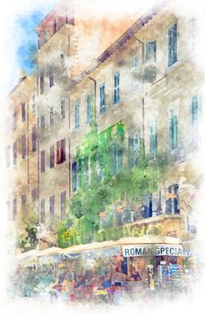 Digital illustration in watercolor style of a Souvenir market and houses at Piazza Navona, Rome, Italy, summer 2018