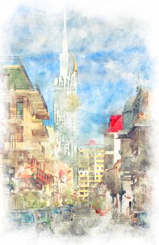 Digital illustration in watercolor style of narrow street of the old city in the center of Batumi with Batumi Tower at the and, Georgia, april 2019