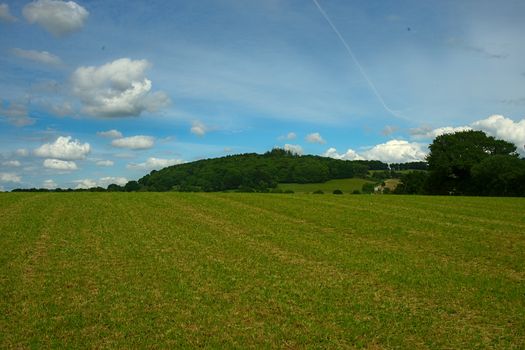 Green grass field blue sky and small hill