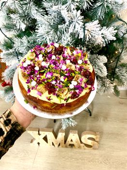 Delicious orange cake with persian figs and pistachios enjoyed at Christmas time or any special occasion