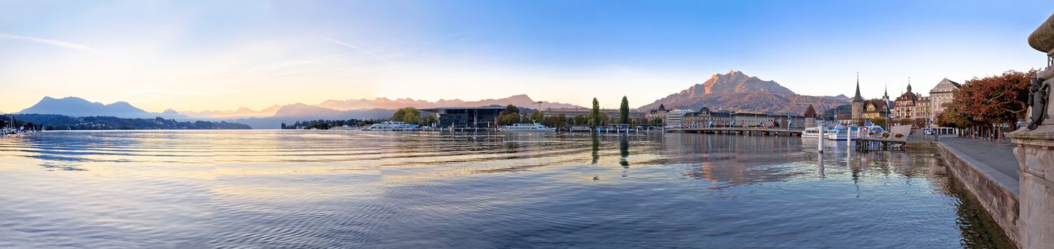 Colorful lake Luzern and town waterfront panoramic view, amazing landscapes of Switzerland