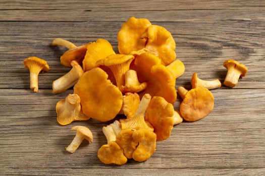 Bunch of chanterelles on an old wooden table.