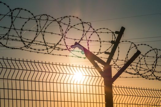 barbed wire steel wall against the immigrations in europe