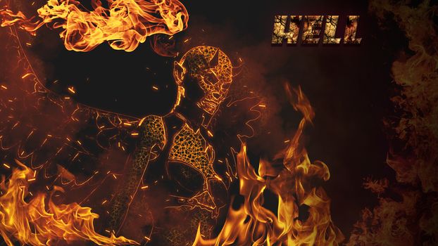 Horned female demon in flames at dark background - 3d rendering