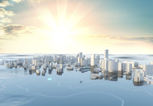 3D illustration. Futuristic City in sunny day. Sky background