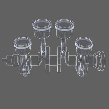 Engine pistons outline. 3D illustration. White lines and grey background