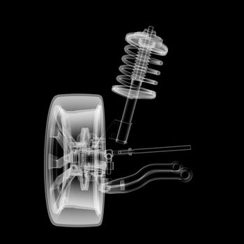 X-ray Car suspension and brake disk on black background, 3d illustration