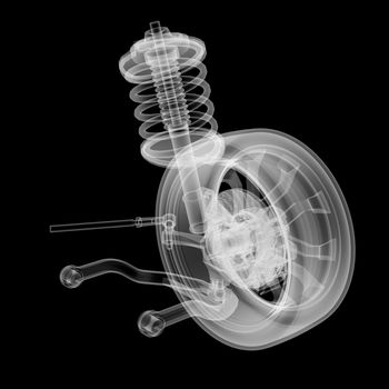 X-ray Car suspension and brake disk on black background, 3d illustration