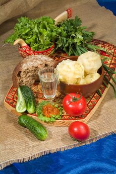 Still life in Russian national style on canvas background