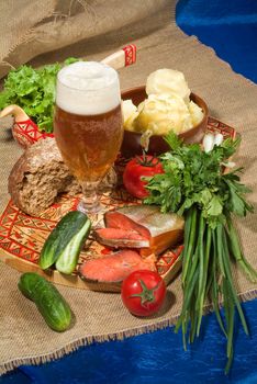 Still life in Russian national style on canvas background